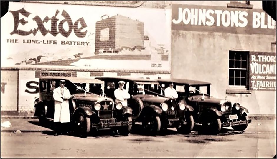 Johnston's Blue Taxis fleet outside its early Auckland depot, 1926